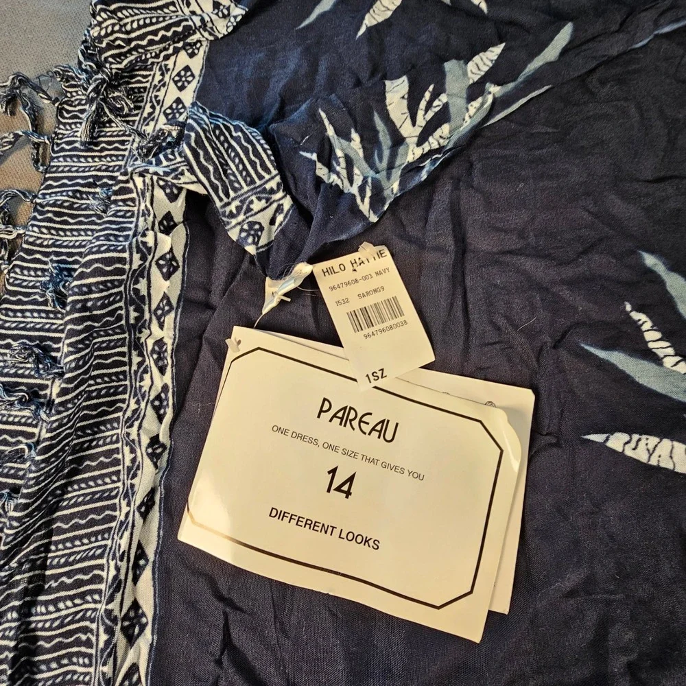 Hilo Hattie Navy Blue Tropical Leaf Pareau Sarong‎ Wrap Cover Up Dress NWT 1SZ